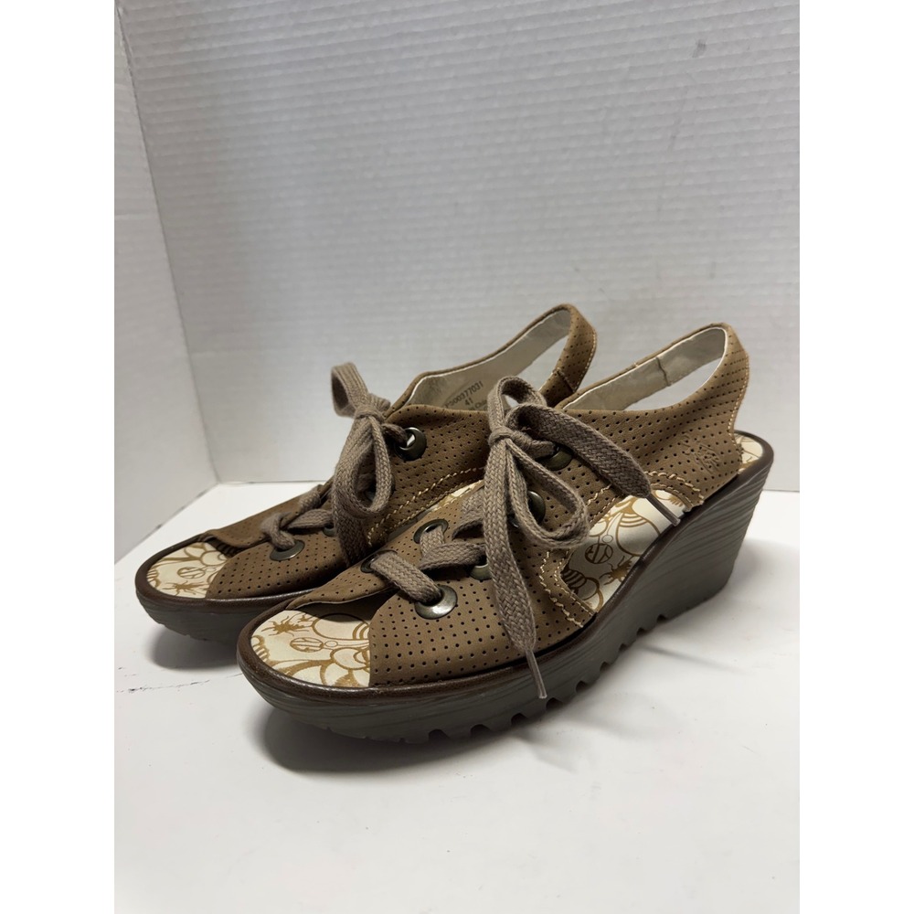 Fly London Yala Brown Perforated Leather Lace Up Wedge Sandals P500377031 41 10